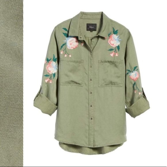 Rails Green Button Down Linen Shirt Embroidered M - Picture 2 of 6